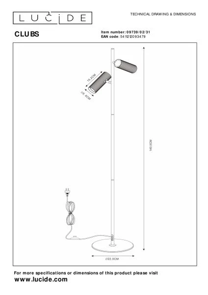 Lucide CLUBS - Lampadaire - 2xGU10 - Blanc - TECHNISCH